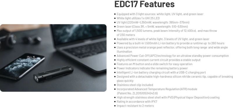 NITECORE Svietidlo EDC17 UltraSlim s UV a laserom - black (NC-EDC17)