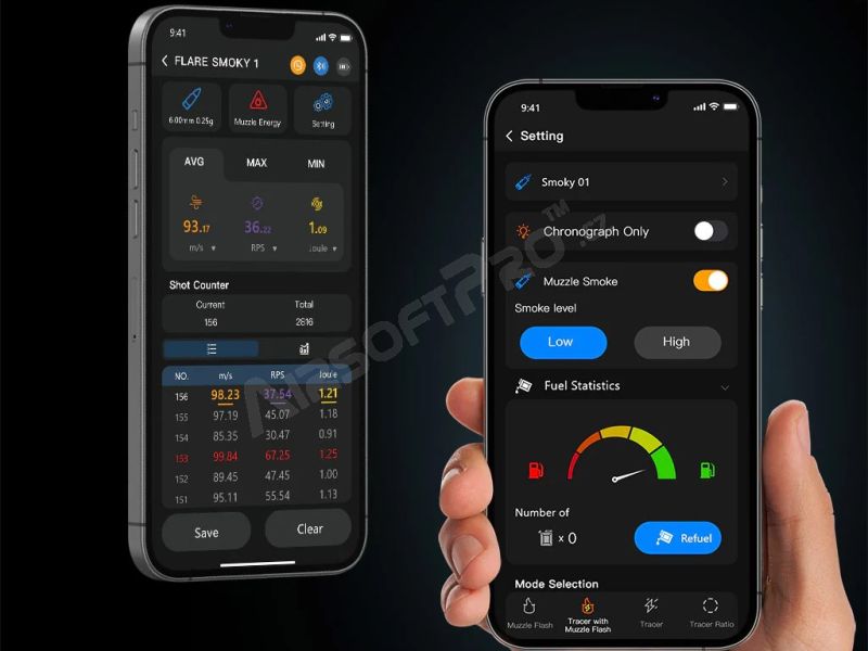 E-SHOOTER Tlmič Tracer FLARE Smoky BT + merač rýchlosti Chrono - black