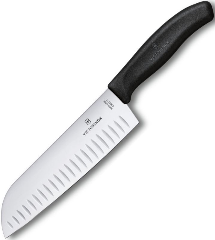 VICTORINOX Nôž japonský SANTOKU fibrox s výbrusom proti lepeniu - čierny (6.8523.17B)