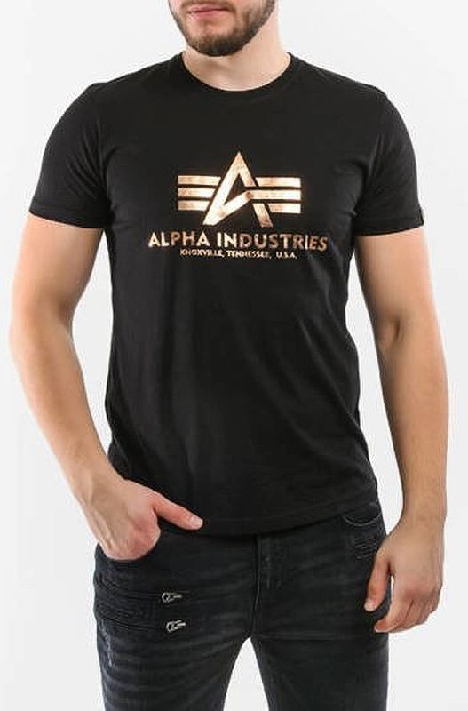 ALPHA INDUSTRIES Tričko BASIC Foil Print - black/yellow gold (100501FP/583)