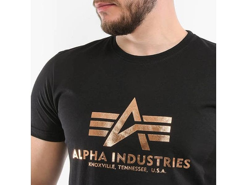 ALPHA INDUSTRIES Tričko BASIC Foil Print - black/yellow gold (100501FP/583)