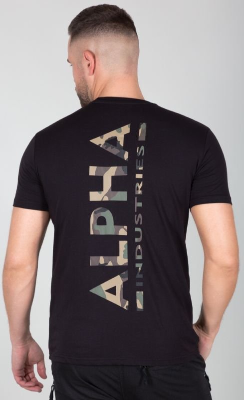 ALPHA INDUSTRIES Tričko Backprint T Camo Print - čierne/woodland (128507CP/380)