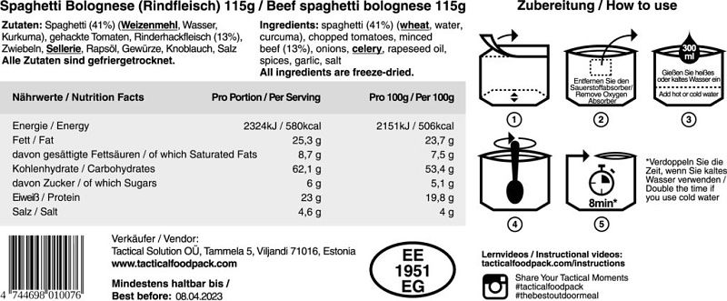 TACTICAL FOODPACK Boloňské špagety s hovädzím mäsom