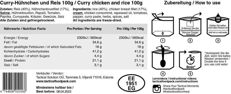 TACTICAL FOODPACK Kuracie mäso na kari s ryžou