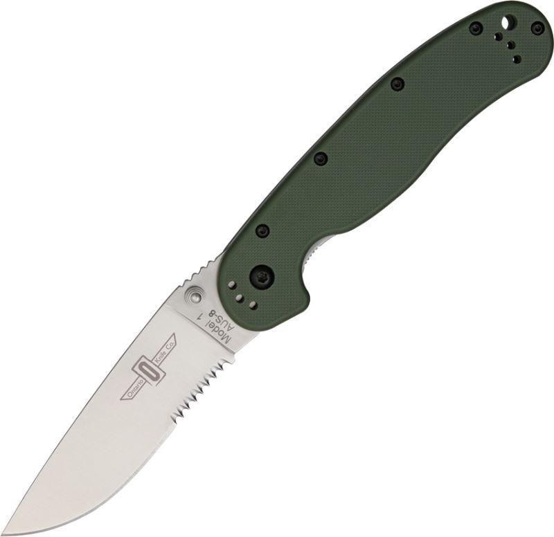 ONTARIO Zatvárací nôž RAT-1 Linerlock, zúbkovaný - satén/OD Green (ON8849OD)