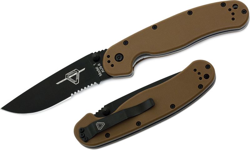 ONTARIO Zatvárací nôž RAT-1 Linerlock, zúbkovaný - čierny/coyote brown (ON8847CB)