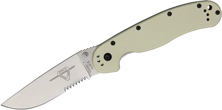 ONTARIO Zatvárací nôž RAT-1 Linerlock, zúbkovaný - satén/desert tan (ON8849DT)