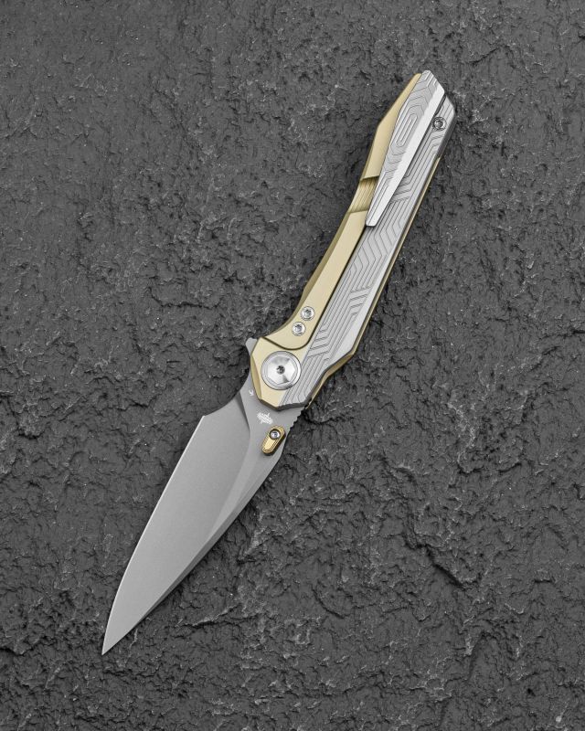 BESTECH Zatvárací nôž WET NELLIE ButtonFrameLock Grey PVD - bead blasted bronze (BT2505D)