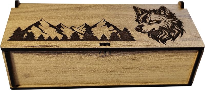 Municák box na zatvárací nožík, vlk+hory v1, dub zlatý
