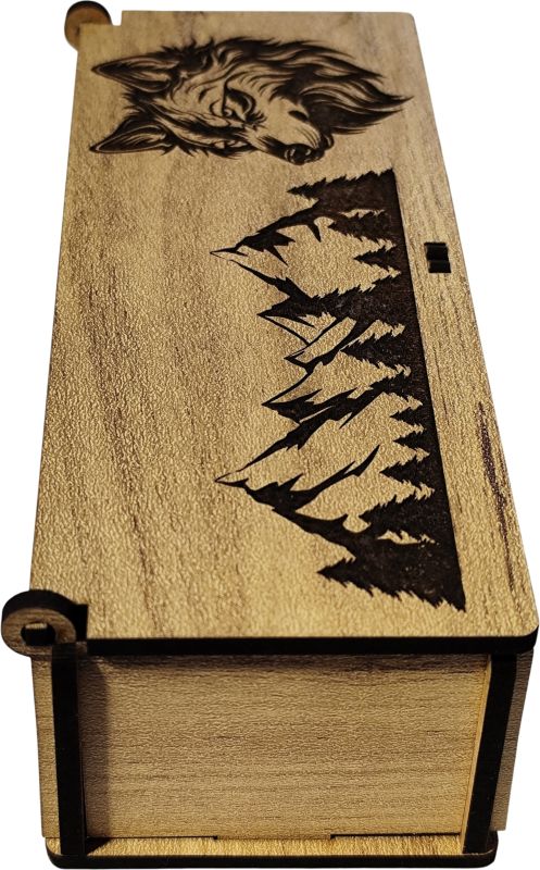 Municák box na zatvárací nožík, vlk+hory v1, dub zlatý